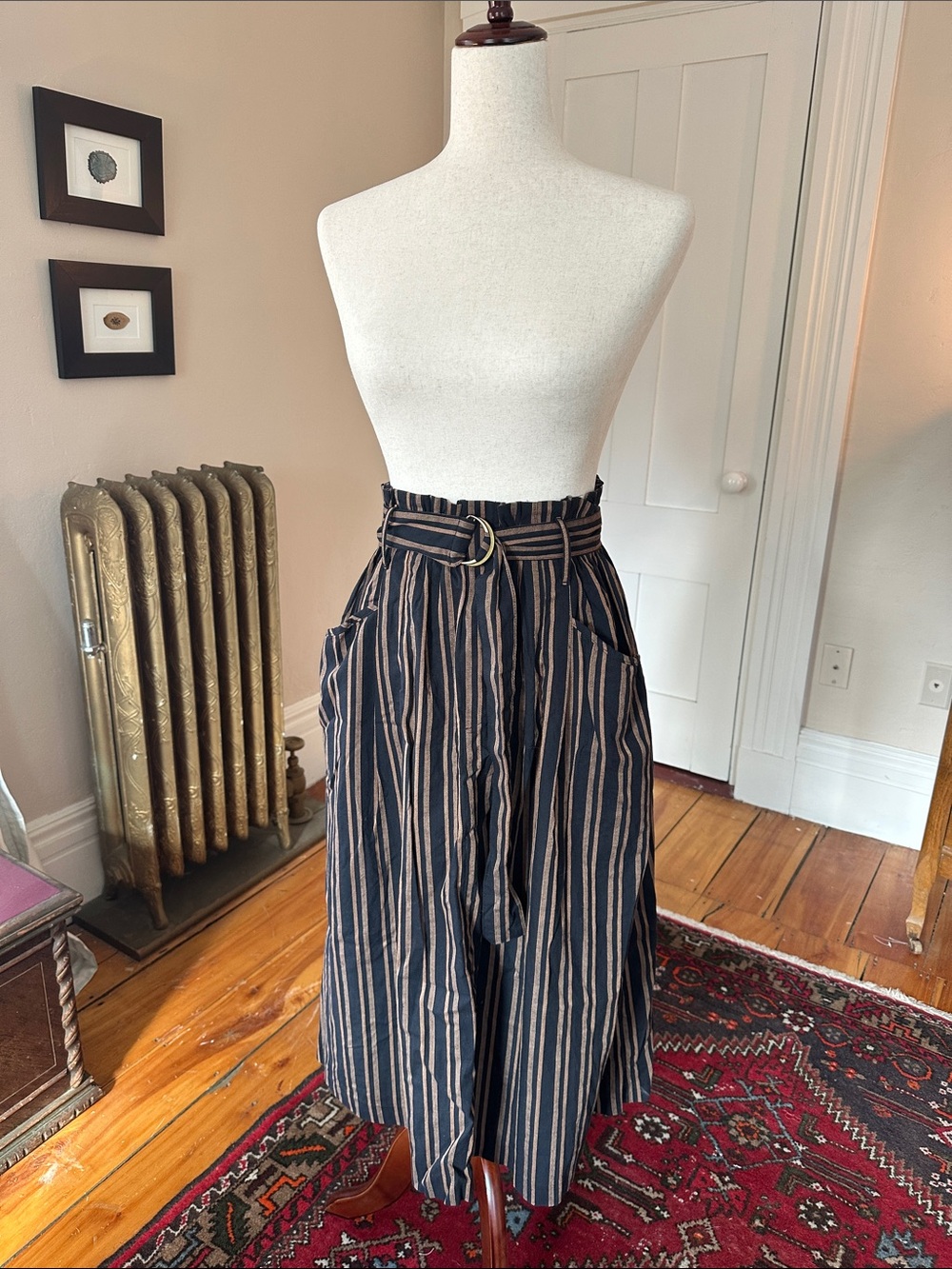 Promesa Black and Brown Striped Cotton Belted Midi Skirt